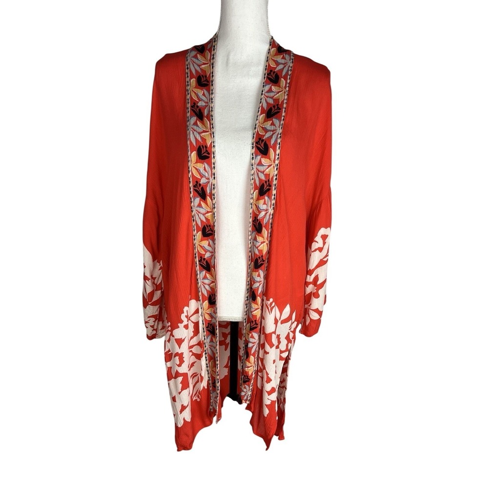 Billabong Kimono Women's  S/M Red‎ Floral Open Front Boho Lightweight